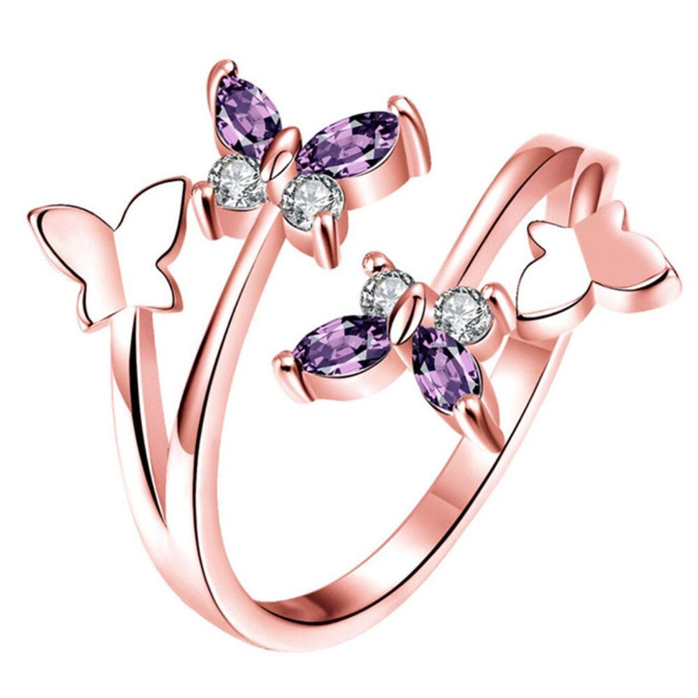 Crystal Butterfly Rose Gold Purple Open Adjustable Girls Ring Fashion Jewelry